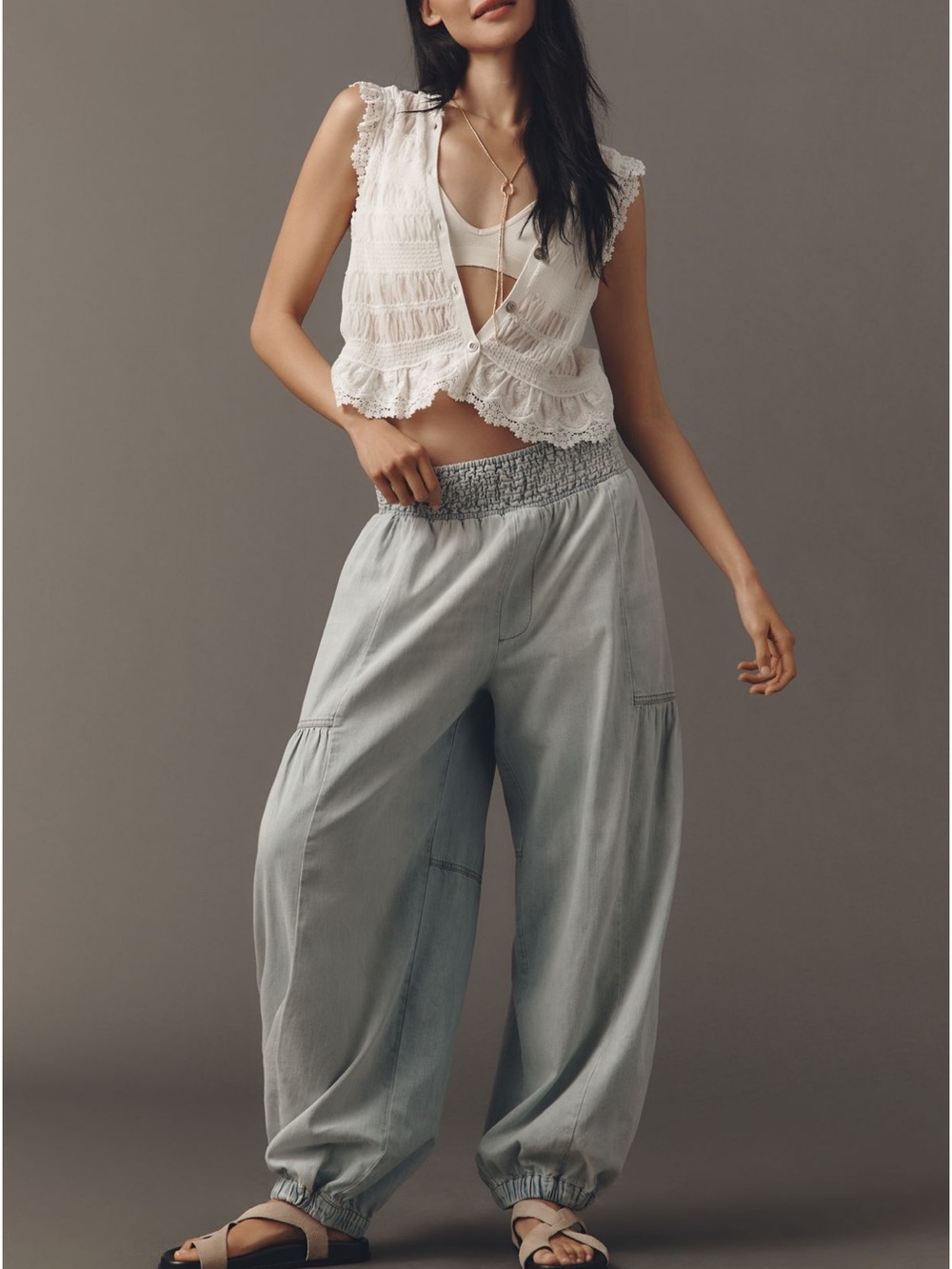 Anthropologie Pilcro Light denim Smocked-Waist Wide-Leg Joggers